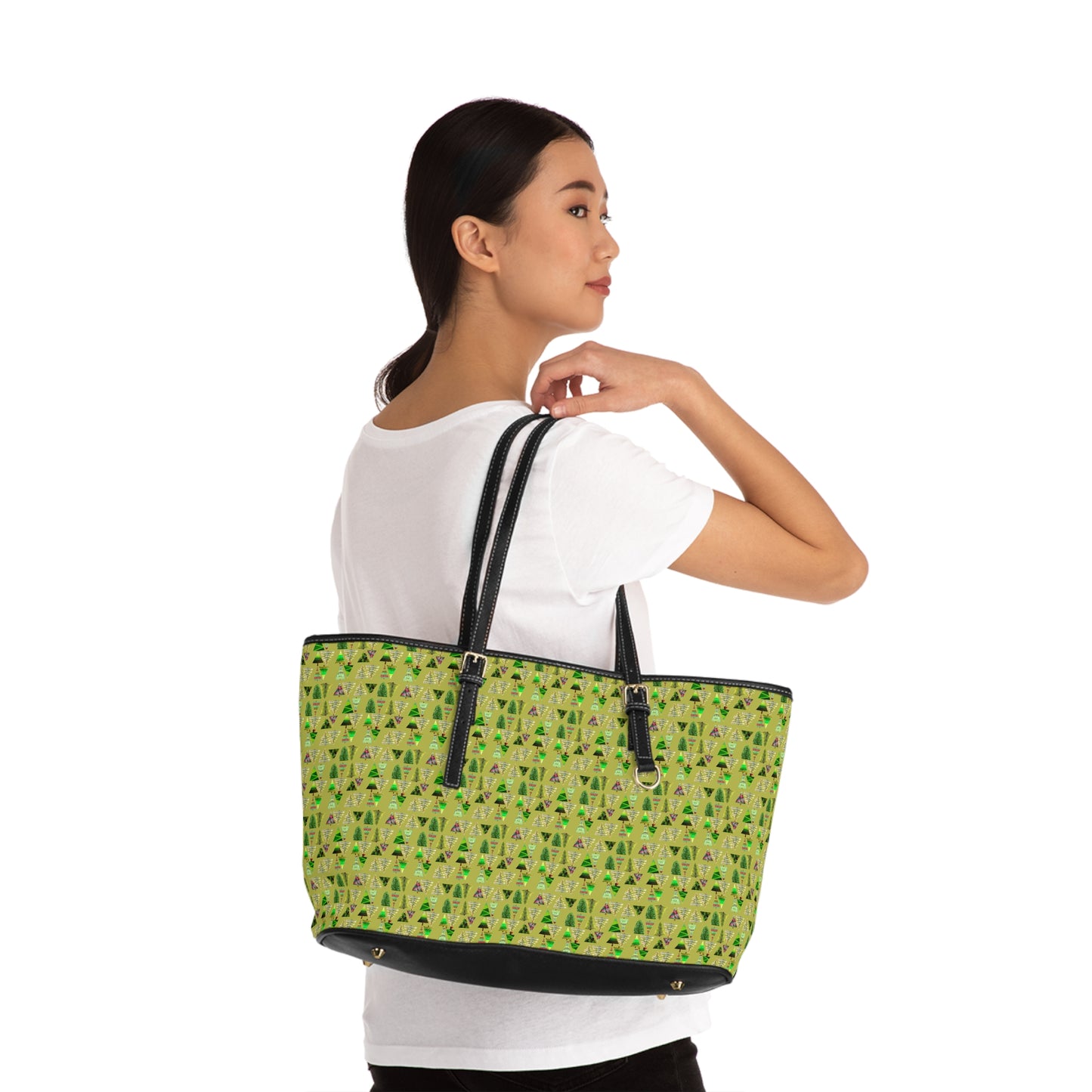2024 Chartreuse Christmas Tree Pattern PU Leather Shoulder Bag