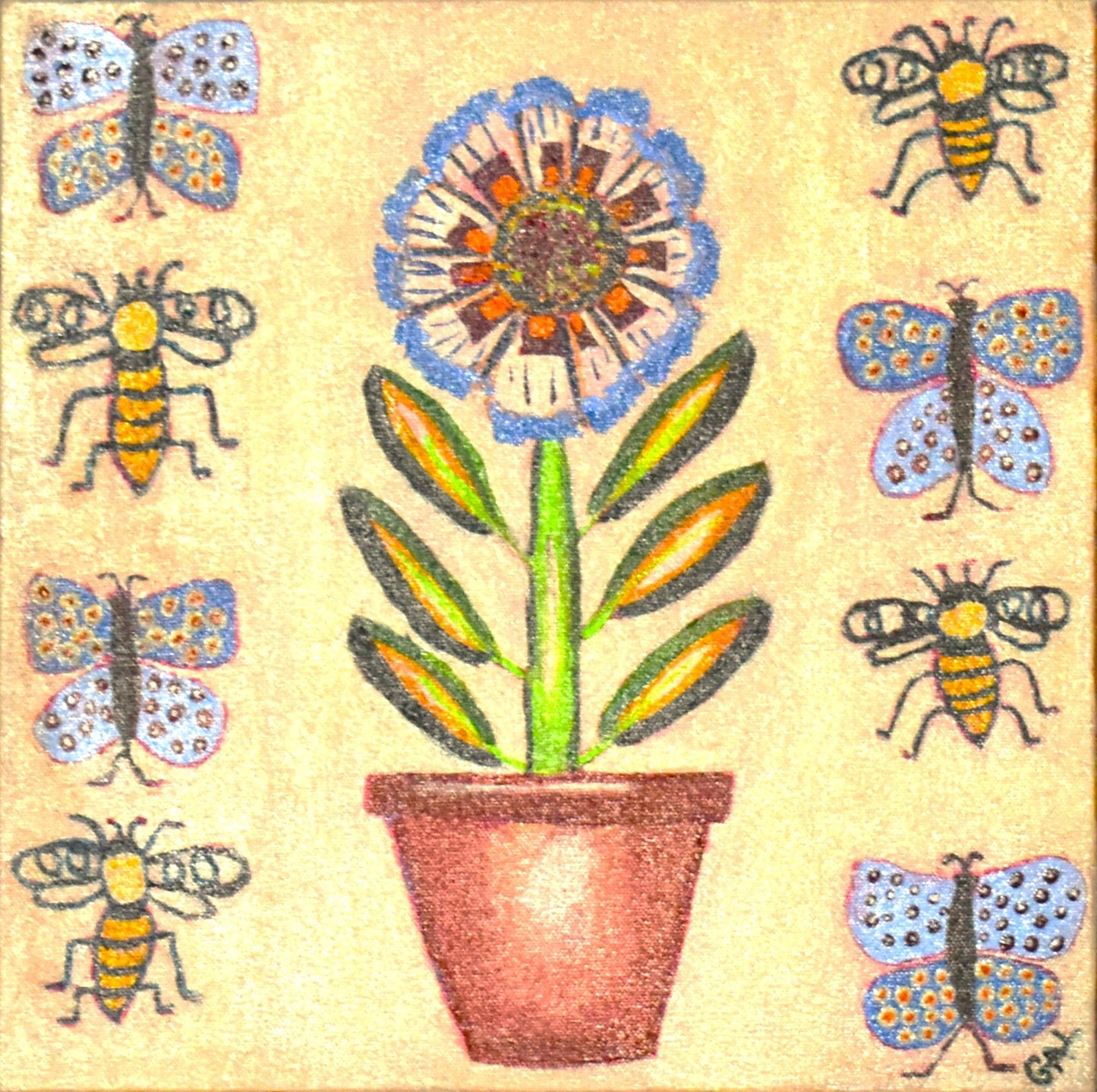 American Folk Art Potted Plant an Original Painting by Lisa Godin