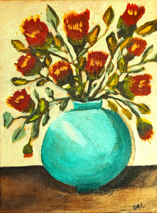 Turquoise Vase Red Flowers an Original Painting by Lisa Godin