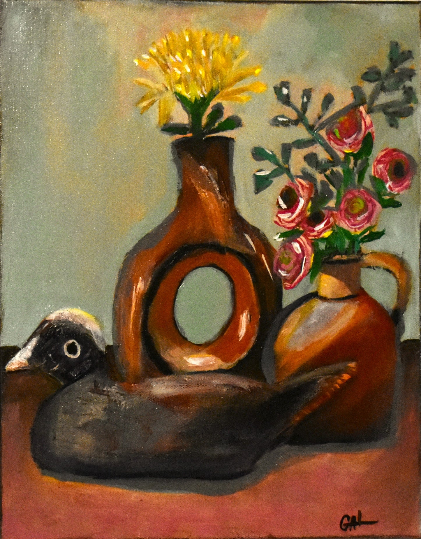 Wooden Duck Decoy and Vase an Original Painting by Lisa Godin