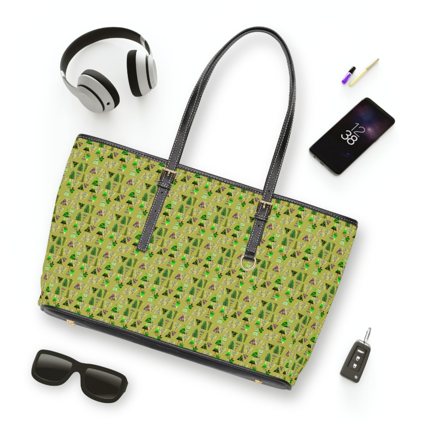 2024 Chartreuse Christmas Tree  Pattern PU Leather Shoulder Bag