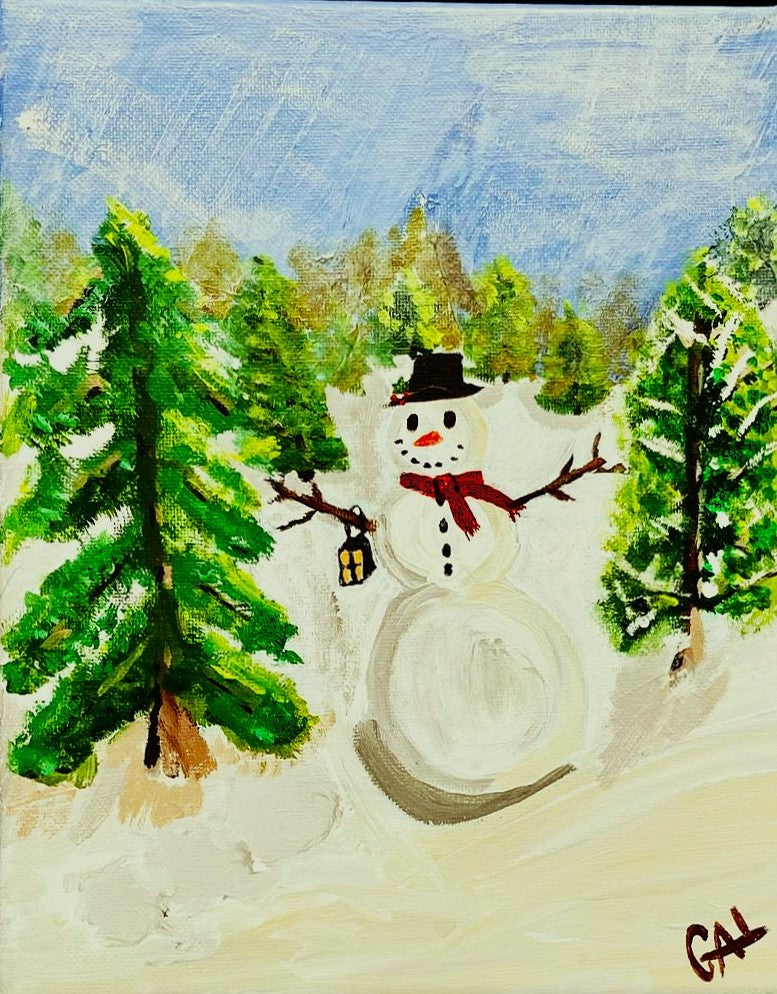 2023 Snowman in Forest - Original mixed media painting by Lisa Godin