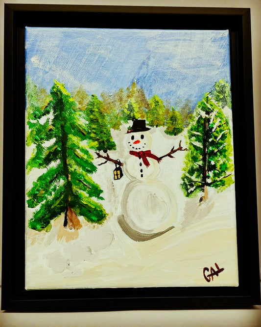 2023 Snowman in Forest - Original mixed media painting by Lisa Godin