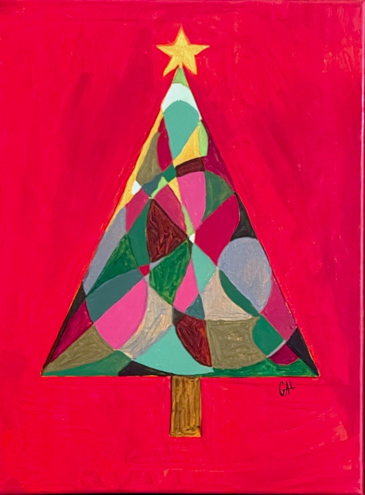 2024 Red Stain glass Christmas Tree - Mixed Media Painting by Lisa Godin