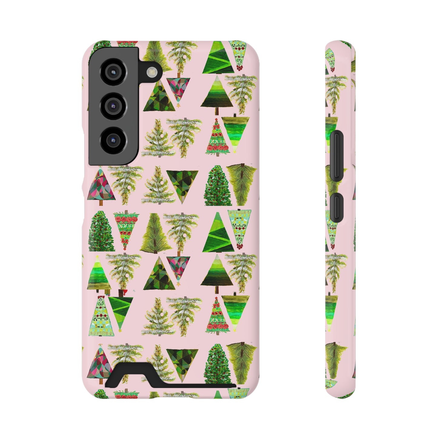 Pink Christmas Tree Pattern Phone Case With Card Holder