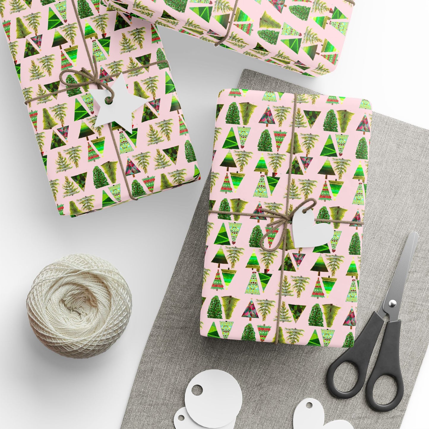 Artist Painted Pink Christmas Tree Wrapping Papers