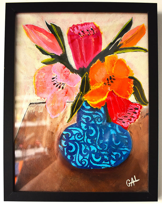 Blue Vase Bouquet - Original Mixed Media Watercolor Painting by Lisa Godin