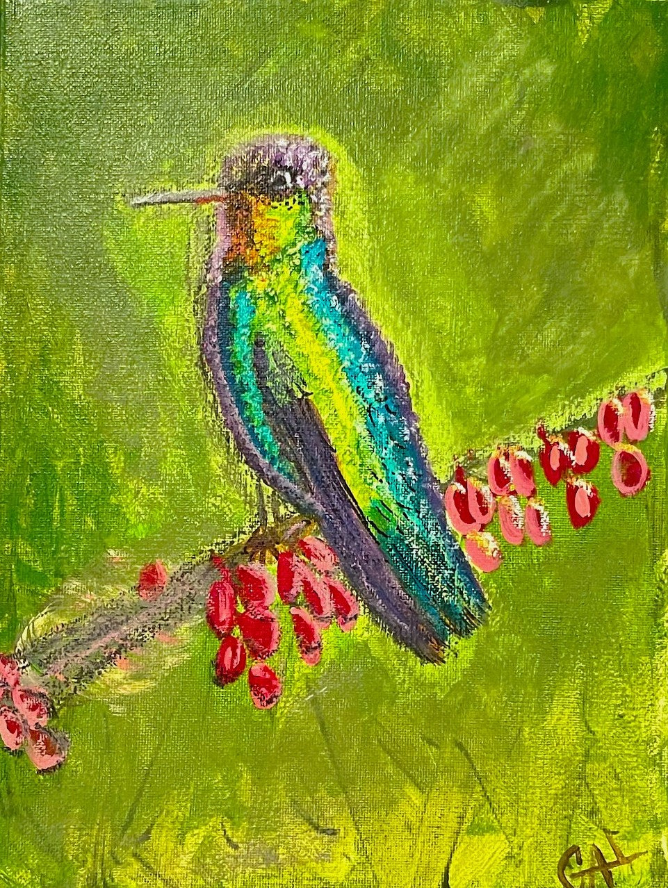 Fiery Throated Hummingbird - Original mixed media painting by Lisa Godin