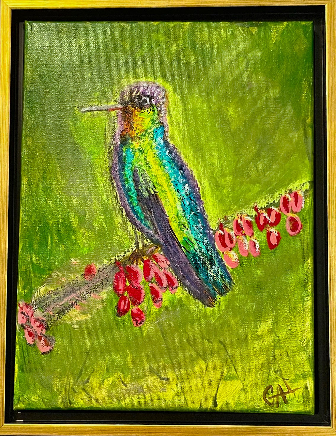 Fiery Throated Hummingbird - Original mixed media painting by Lisa Godin