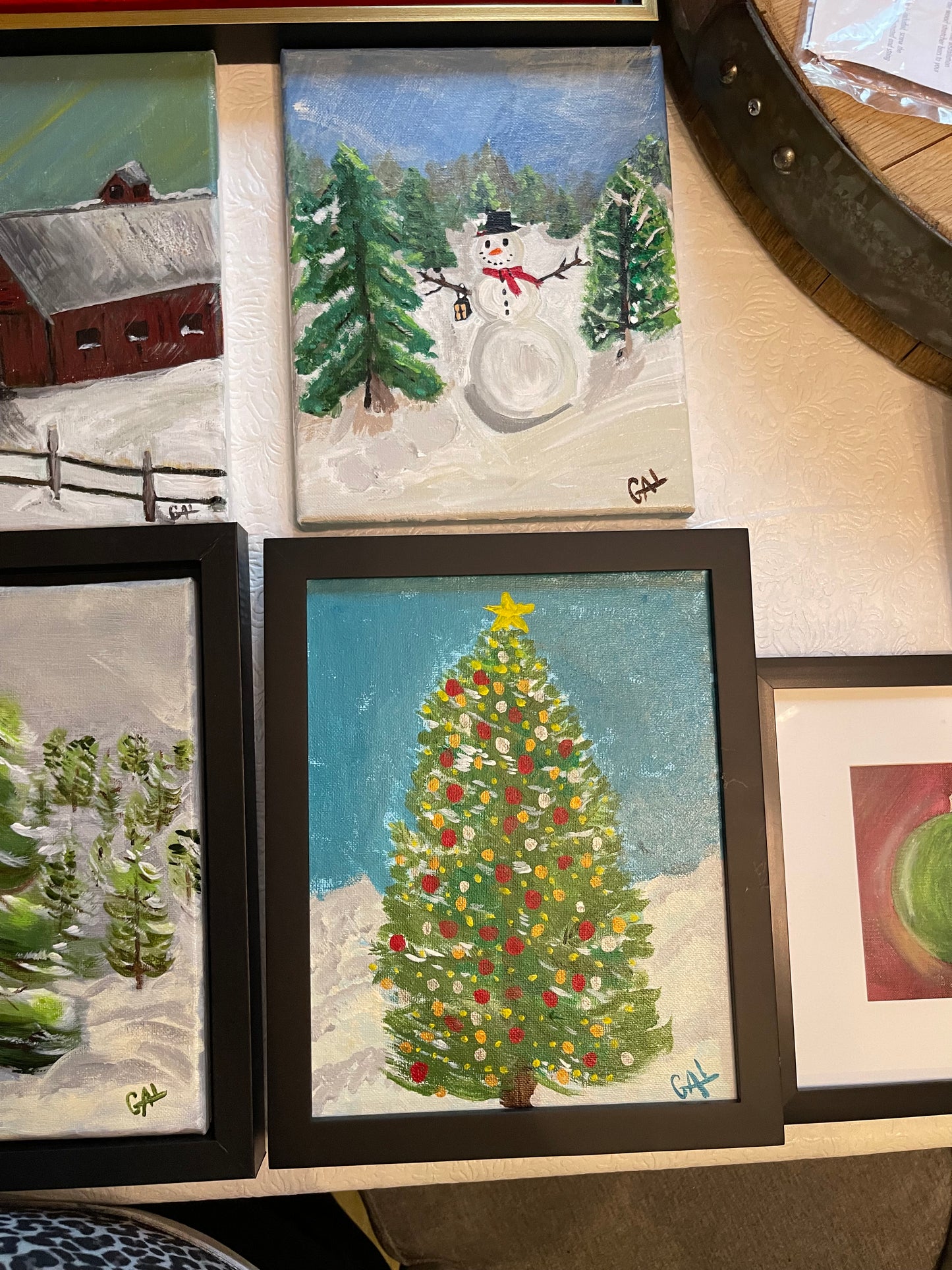 2023 Snowman in Forest - Original mixed media painting by Lisa Godin