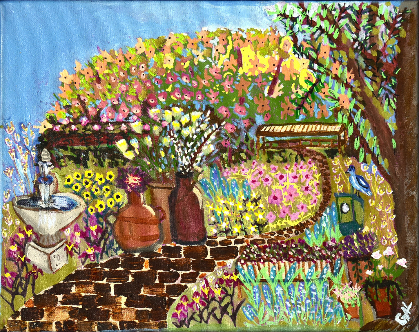 Sit in My Garden - Original Acrylic and Oil Pastel Painting by Lisa Godin