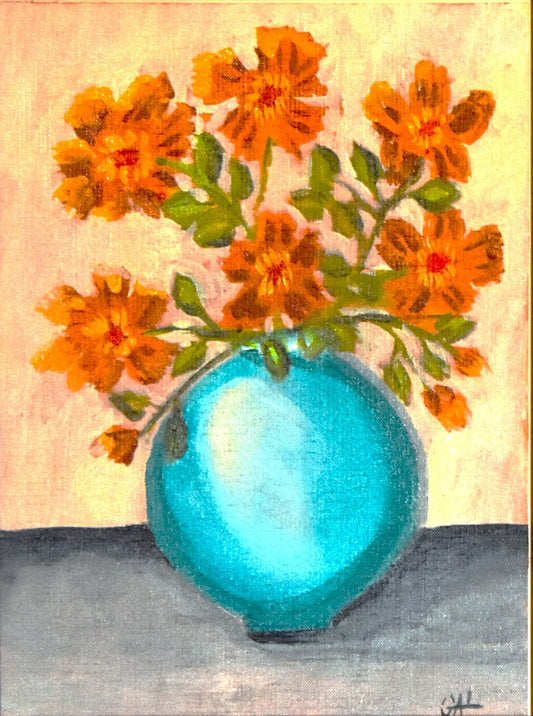 Turquoise Vase Orange Flowers an Original Painting by Lisa Godin