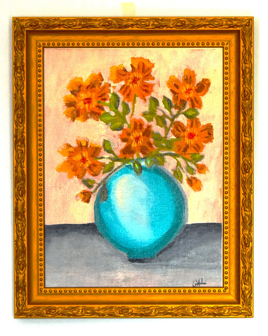 Turquoise Vase Orange Flowers an Original Painting by Lisa Godin