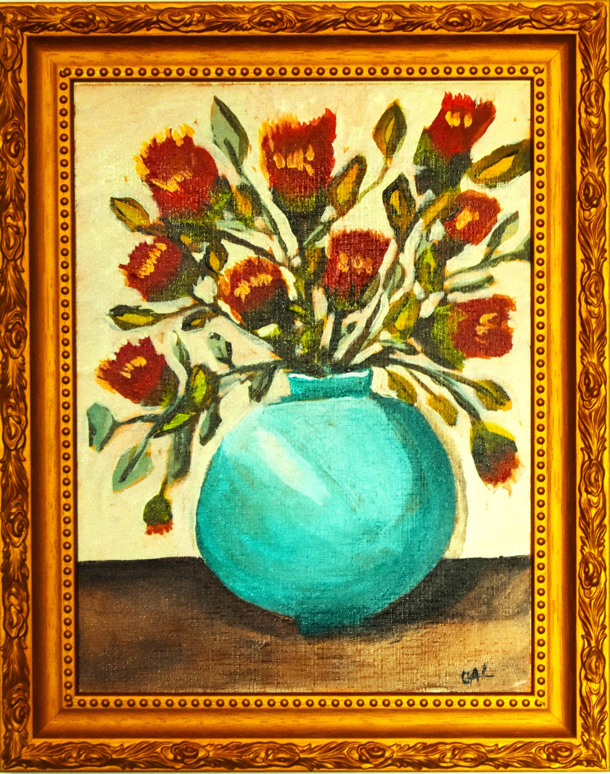Turquoise Vase Red Flowers an Original Painting by Lisa Godin