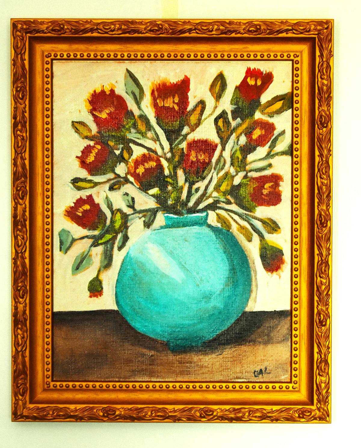 Turquoise Vase Red Flowers an Original Painting by Lisa Godin