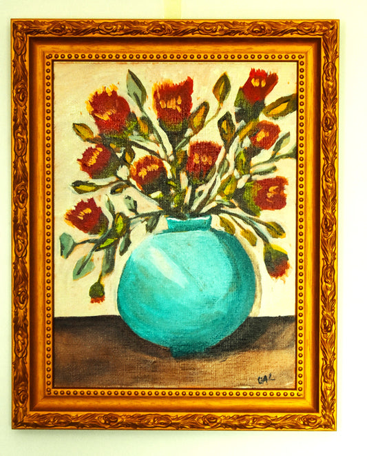 Turquoise Vase Red Flowers an Original Painting by Lisa Godin