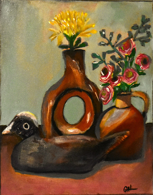 Wooden Duck Decoy and Vase an Original Painting by Lisa Godin