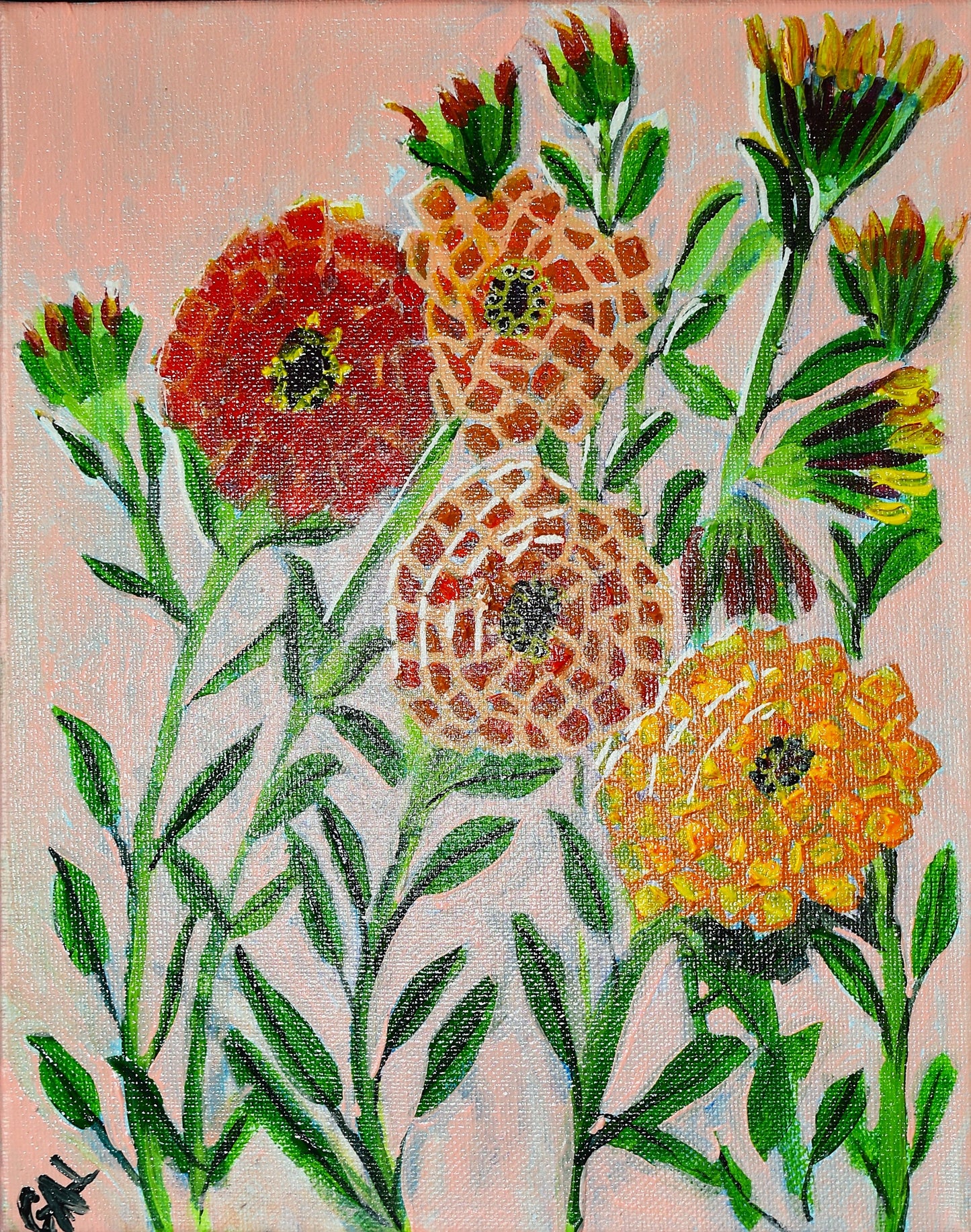 Zinnias - Original Acrylic and Oil Pastel painting by Lisa Godin