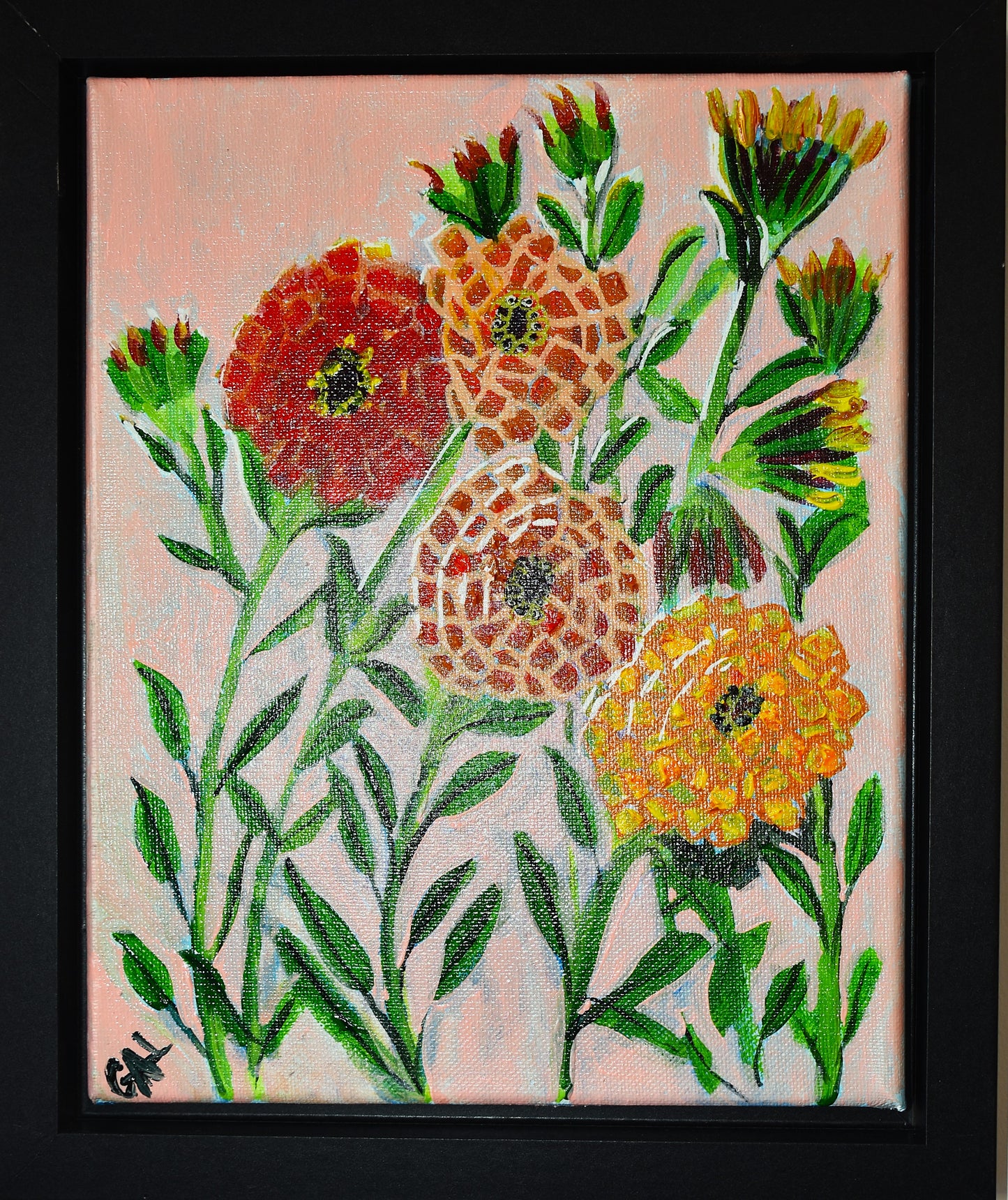 Zinnias - Original Acrylic and Oil Pastel painting by Lisa Godin