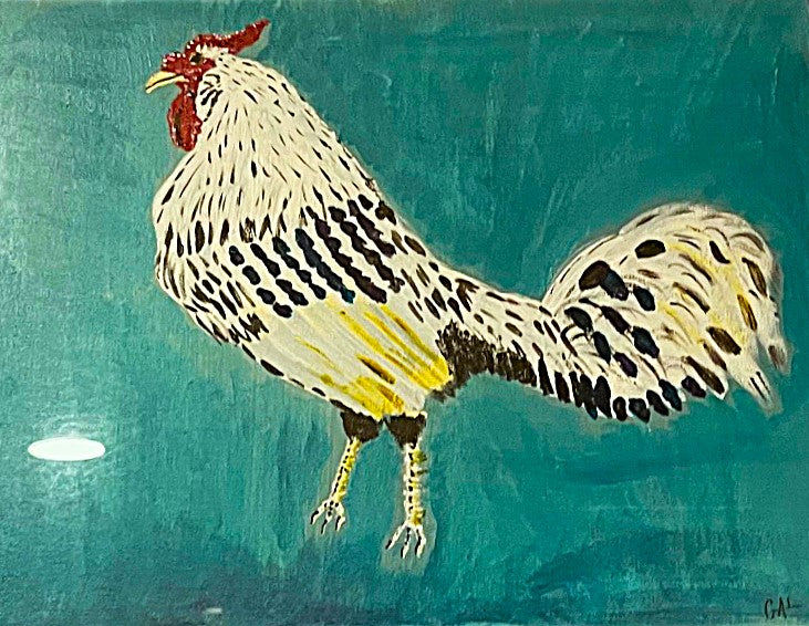 Black White Rooster - Original Acrylic and Oil Pastel by Lisa Godin